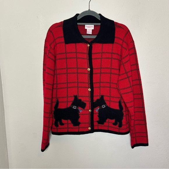 Vintage Crystal-Kobe Red and Black Cardigan with  Scottie Dogs Large Petite - Picture 1 of 6